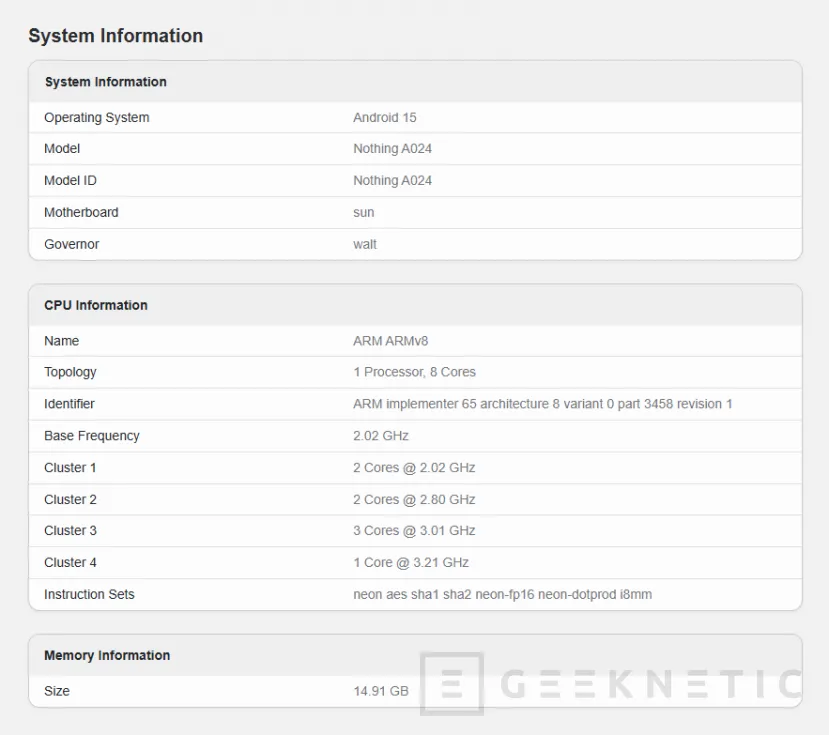 Geeknetic filtre un test de performance de rien de téléphone (3) avec Snapdragon 8s Gen 4 et 16 Go de RAM dans Geekbench 6 2