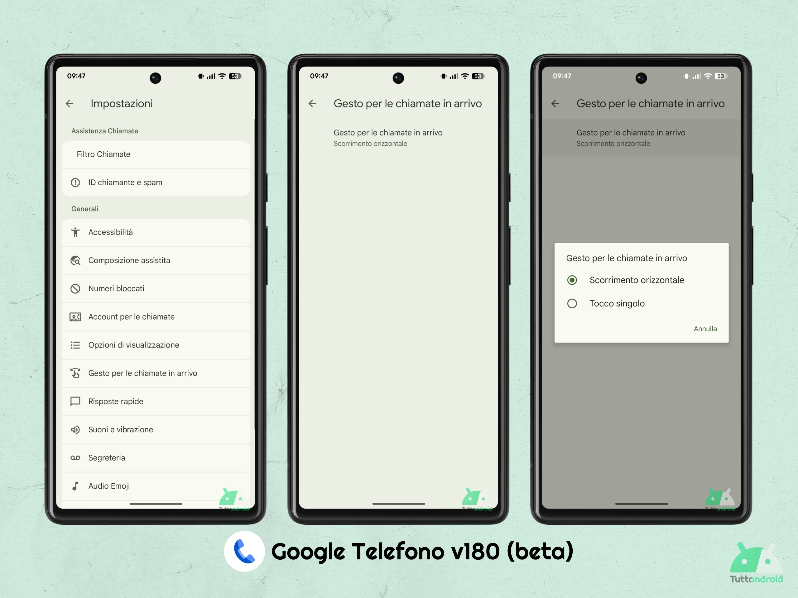 Google Téléphone V180 PublicBeta - UI M3E - geste pour les appels entrants