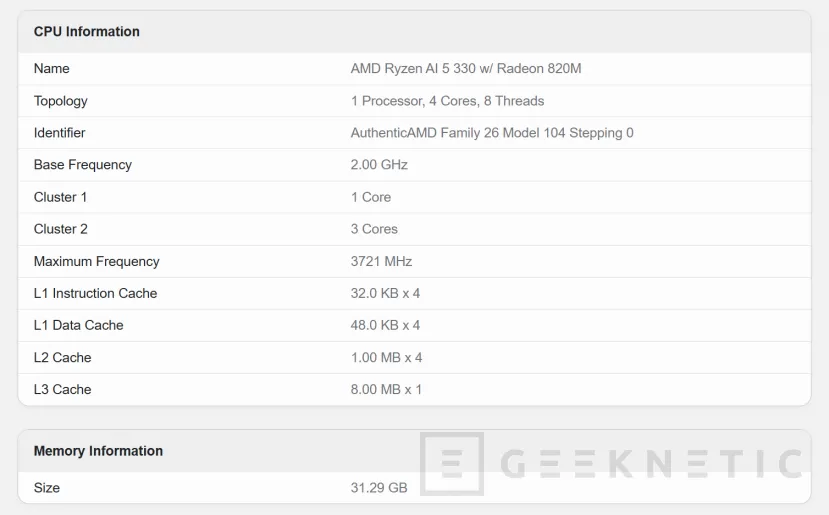 Geeknetic apparaît dans Geekbench The AMD Ryzen Ai 5 330, un APU Kraken Point 2 avec 4 Zen 5 et Zen 5C 2 CORE 5C 2