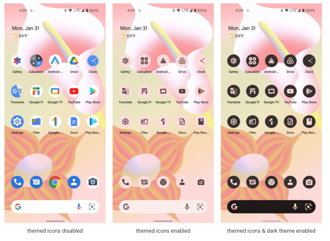 Android 13 - Google Pixel Launcher - Icônes sur le thème