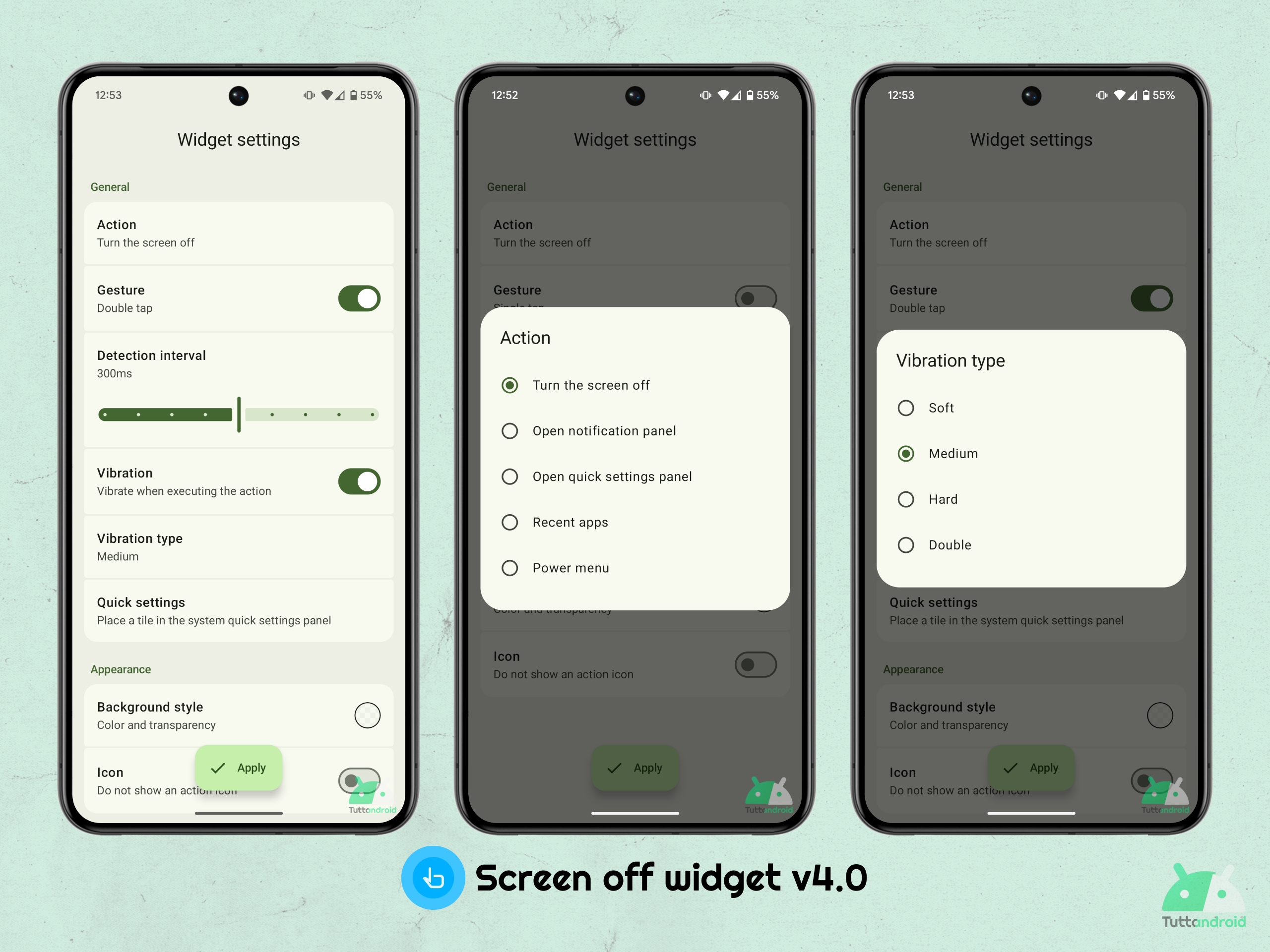 Écran des actions de personnalisation du widget v4.0
