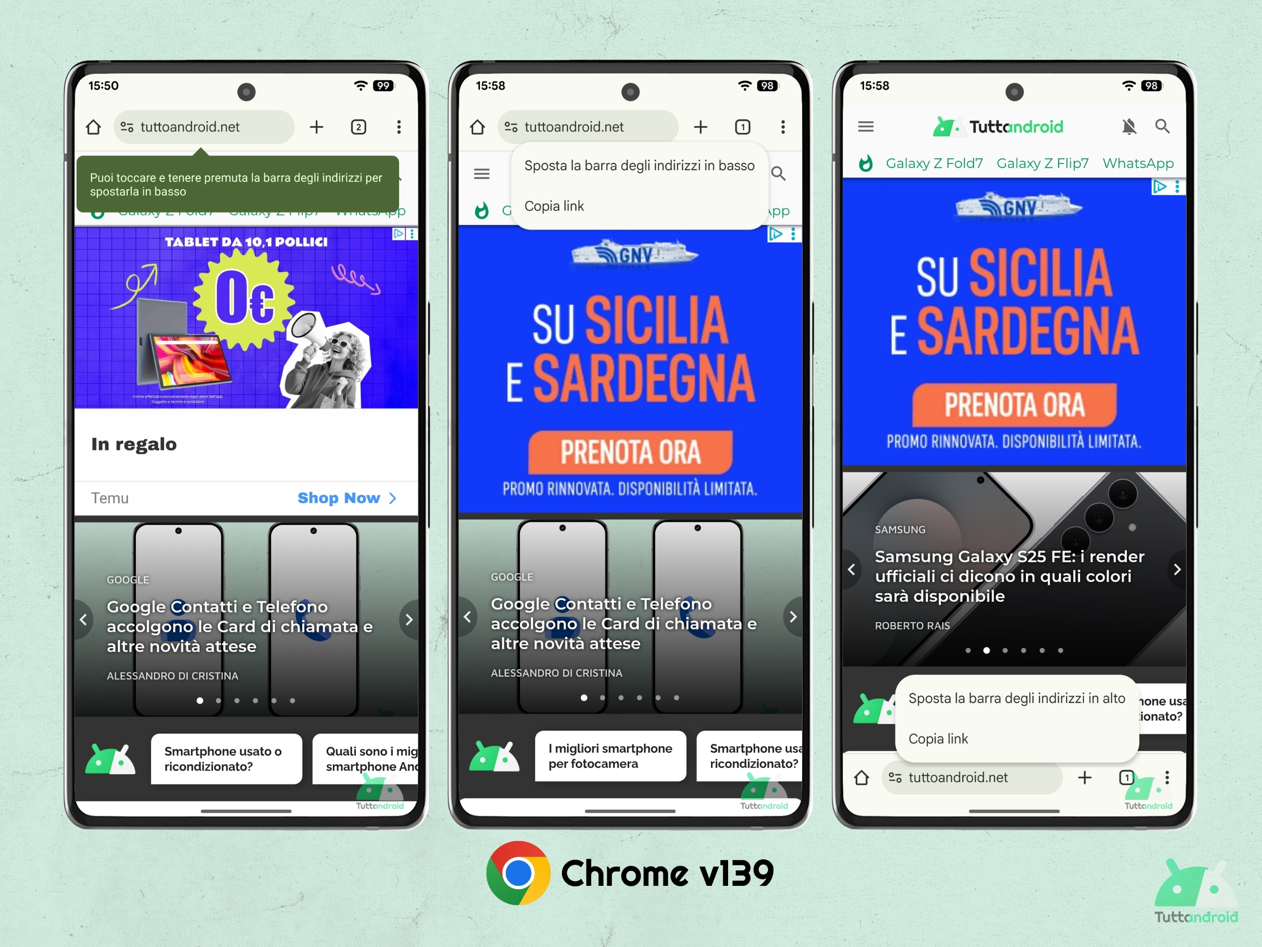 Google Chrome V139 - Déplacer les adresses Barre et l'option de copie de liaison