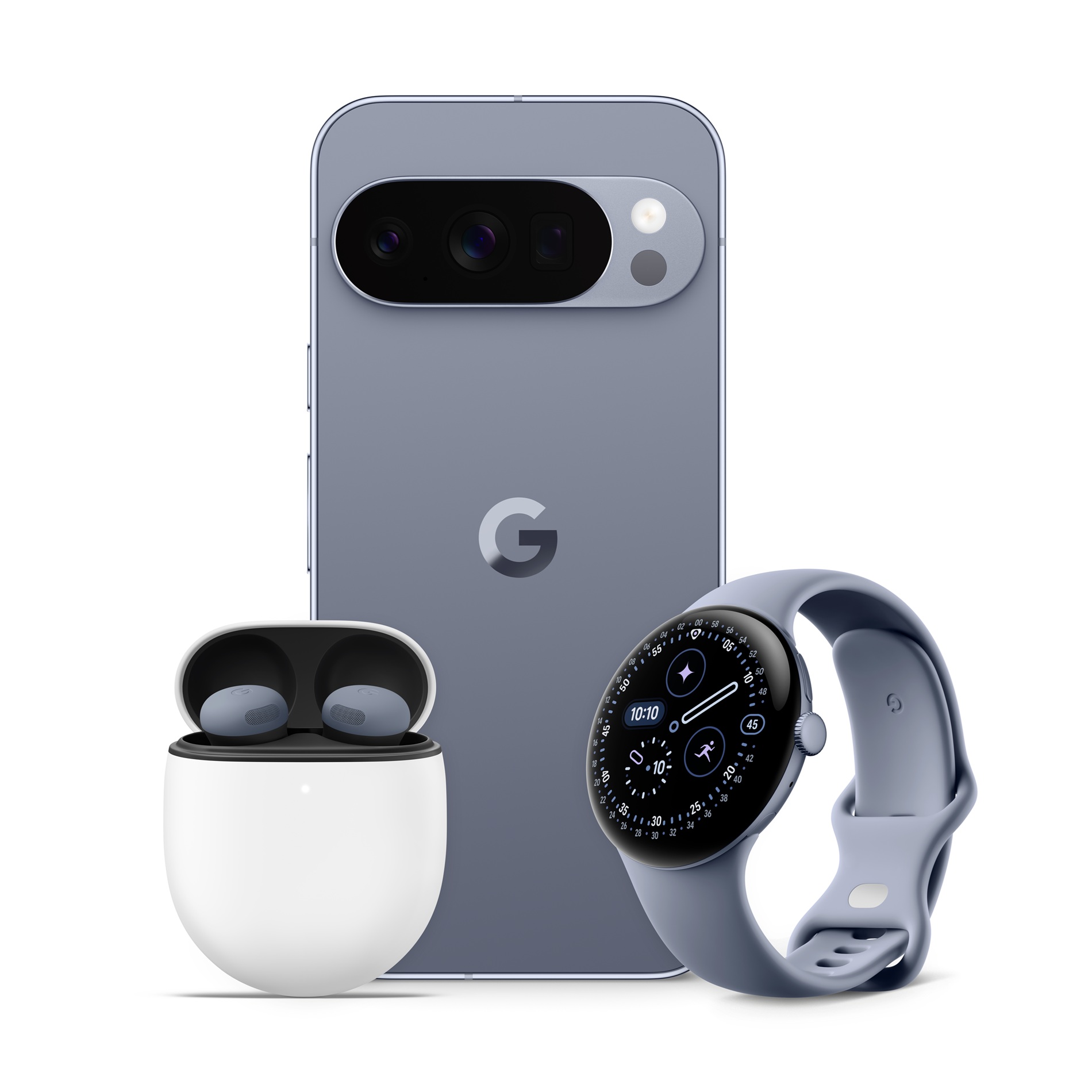 Google Pixel Buds Pro 2 dans Moonstone Coloring with Google Pixel 10 Pro XL et Google Pixel Watch 4 (45 mm)