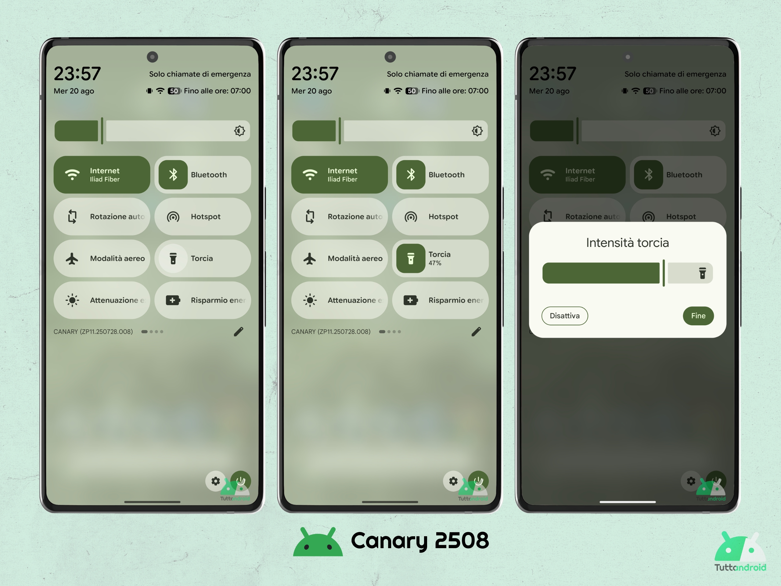 Android Canary 202508 - Control Center - Règle d'intensité de la torche