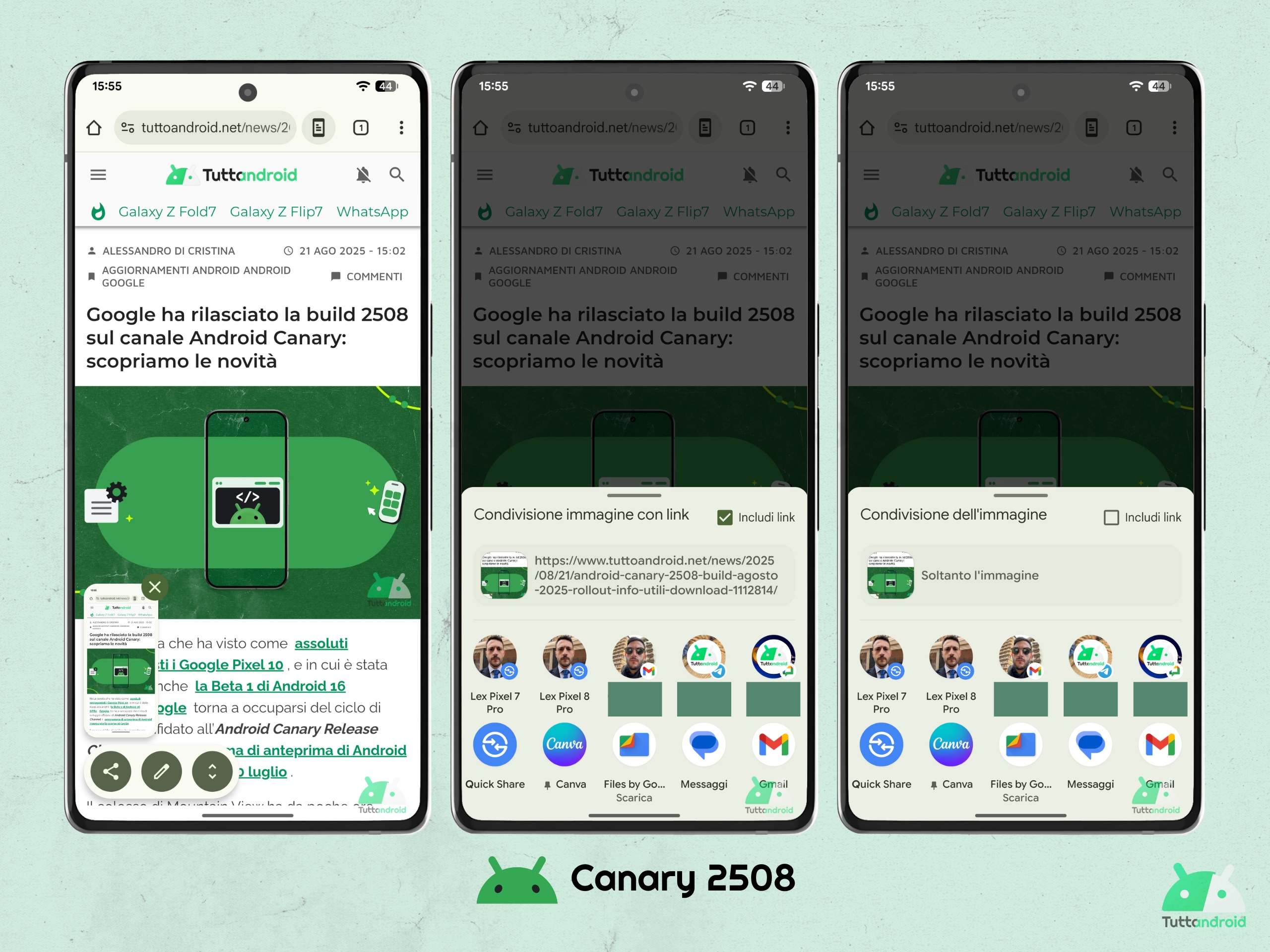 Android Canary 202508 - Capture d'écran avec partage d'images et lien