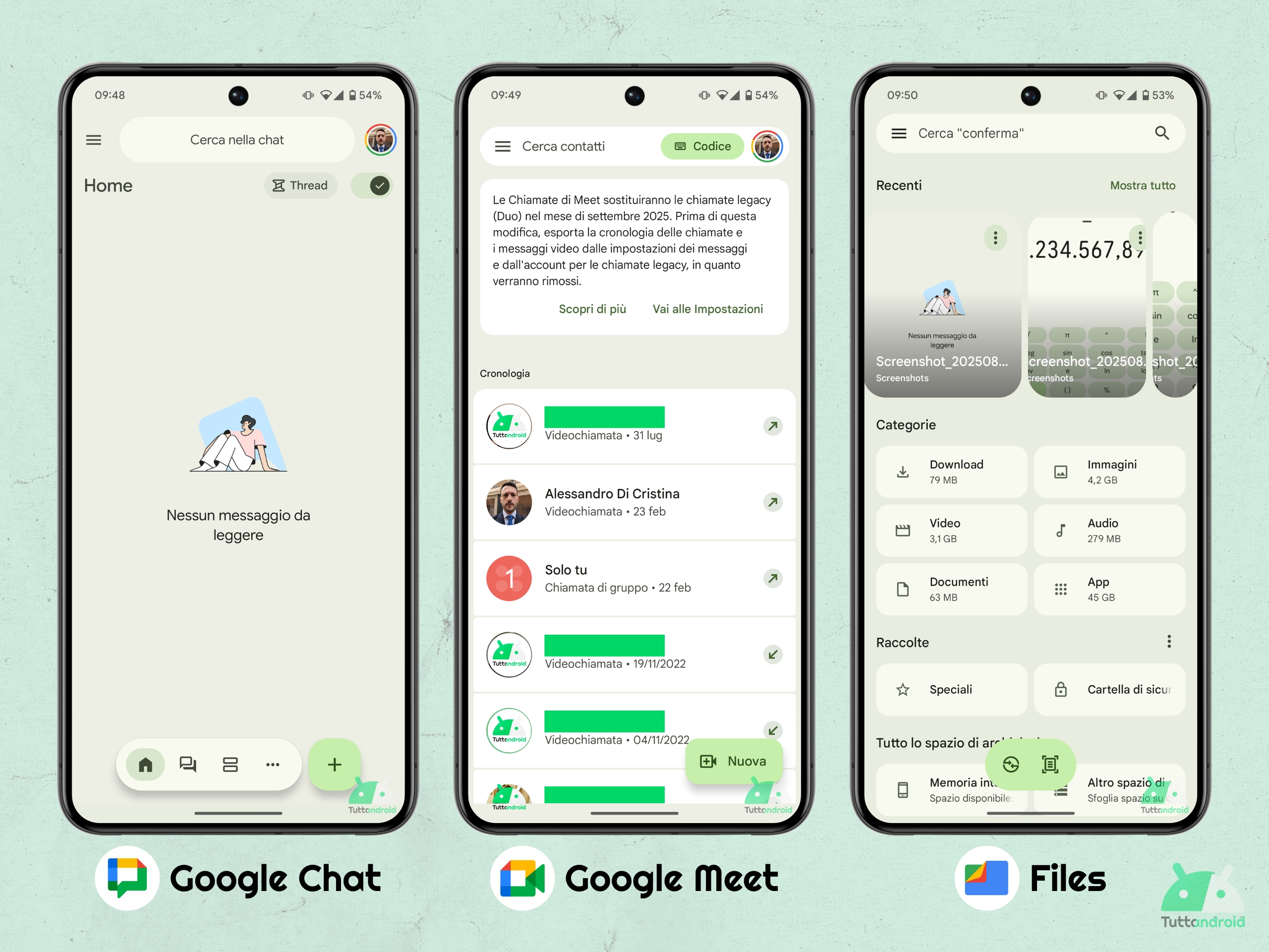 Google Chat - Google Meet - Fichiers de Google - UI M3E
