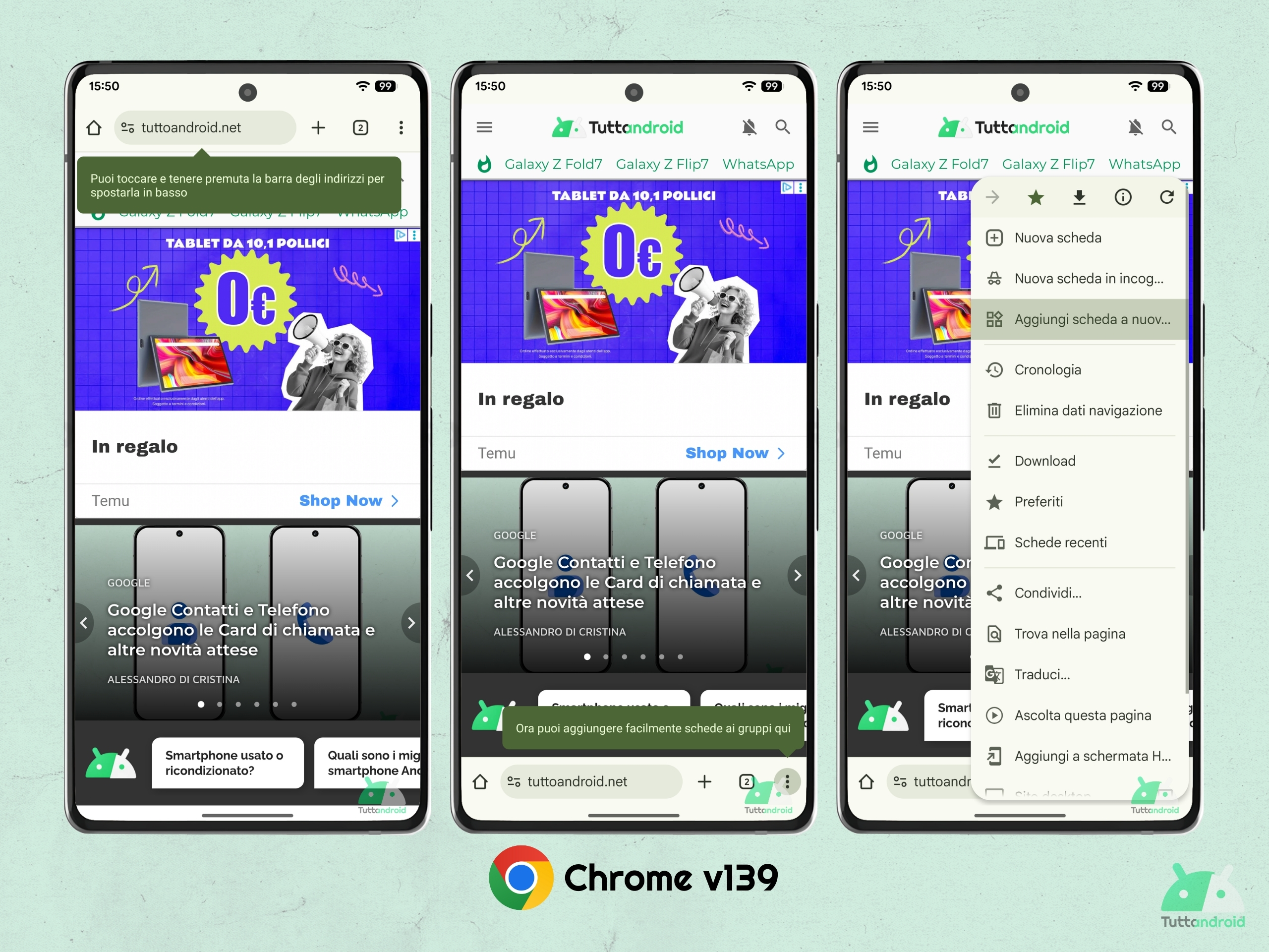 Google Chrome V139 - Déplacer la barre des adresses et ajouter une carte à un groupe