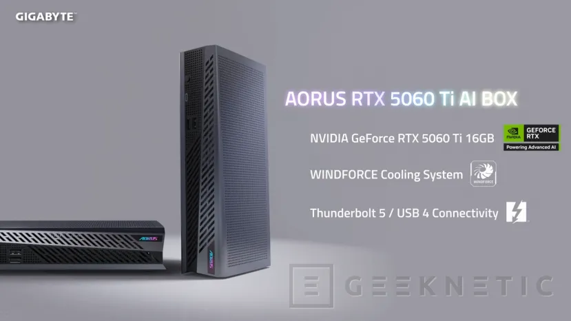Geeknetic nueva egpu gigabyte aorus rtx 5060 ti-ai box, 16 Go de VRM disponible avec Thunderbolt 5 2 Connectivité