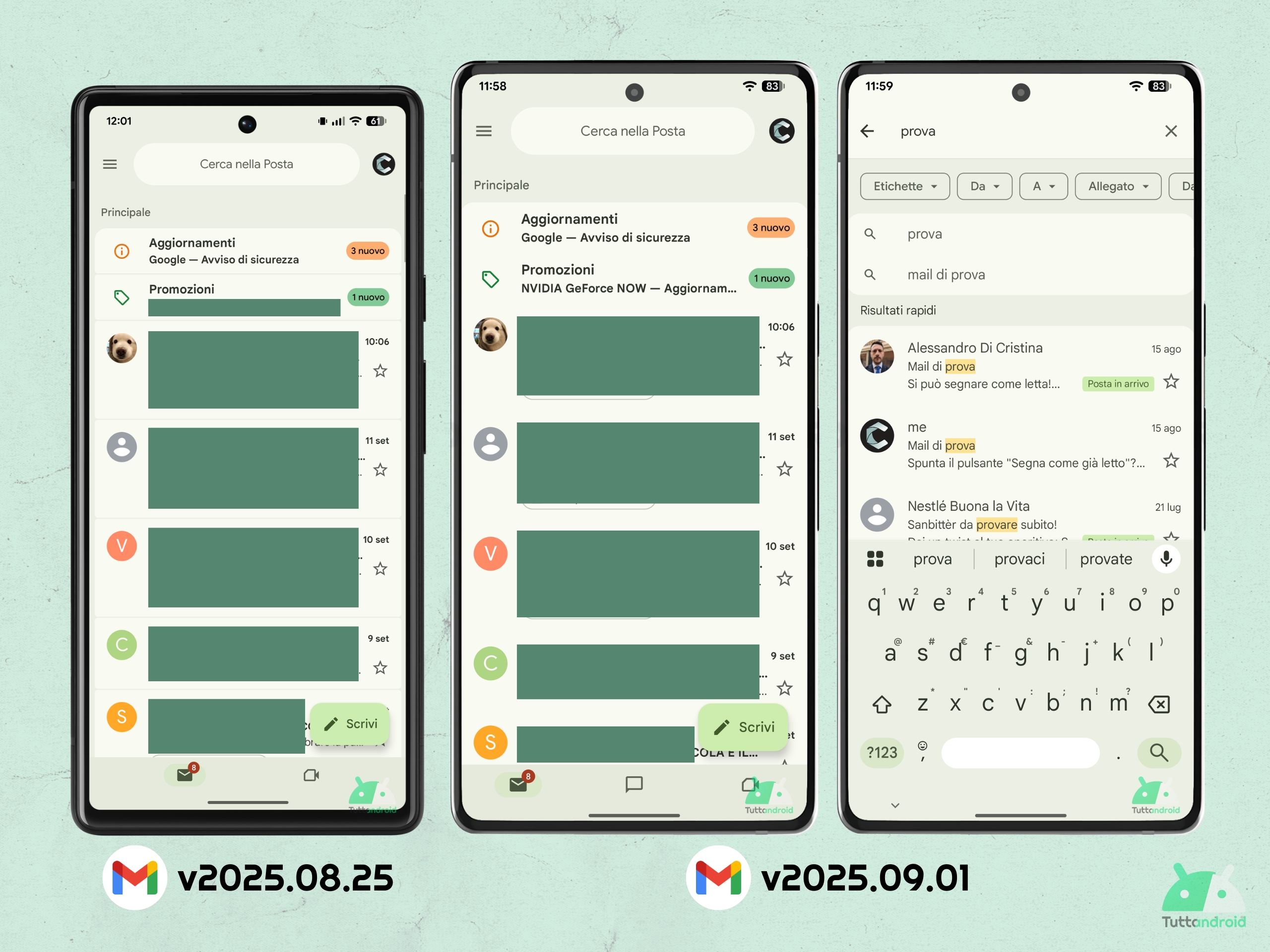 Gmail V2025.09.01 et V2025.08.25 - Différentes routes M3E