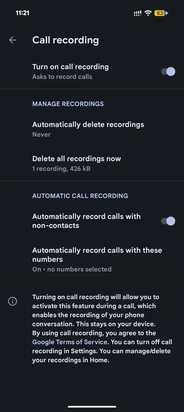 Google Téléphone sur Pixel 9A - enregistrement des appels - Paramètres