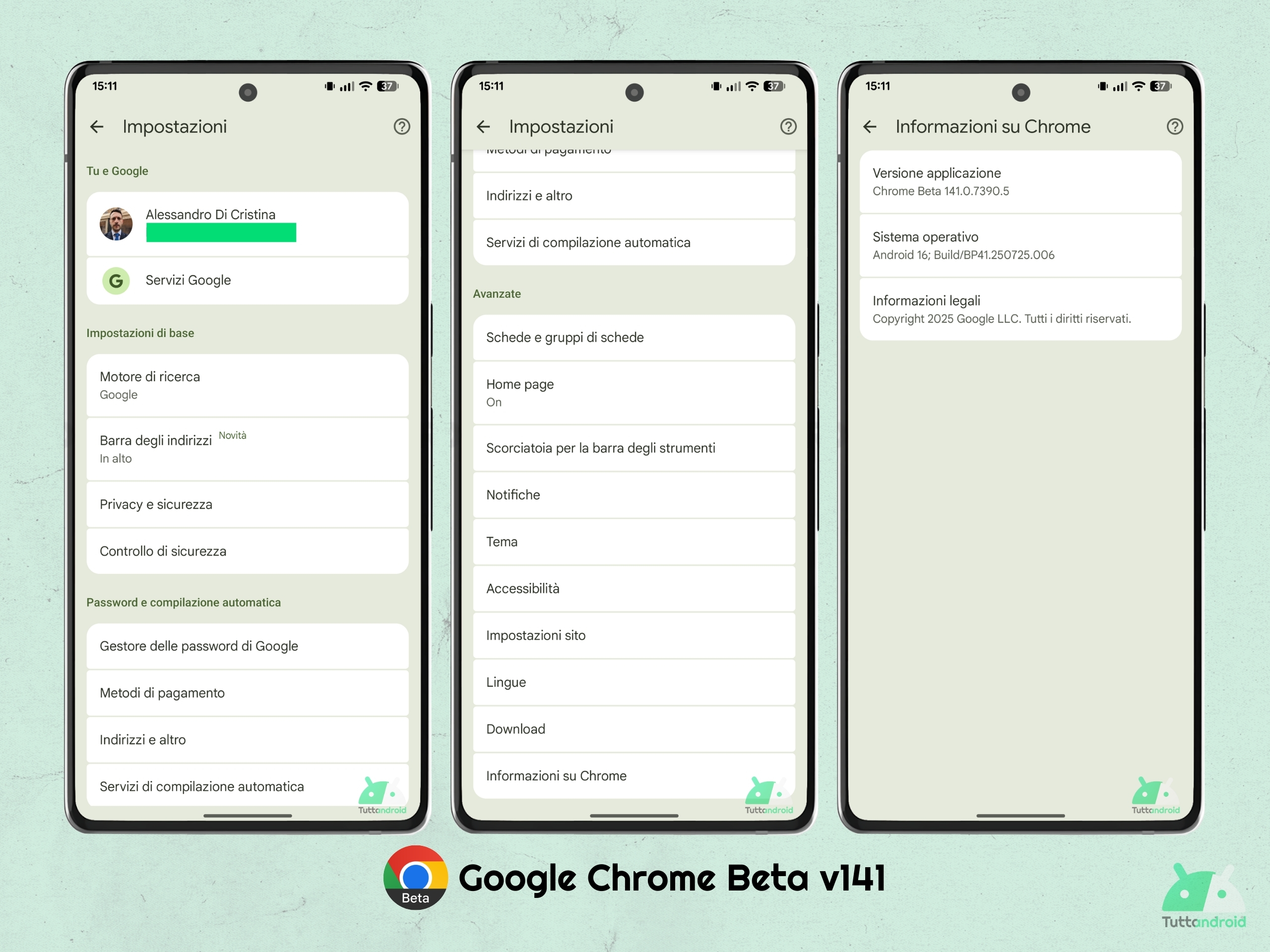 Google Chrome Beta V141 - Paramètres M3E