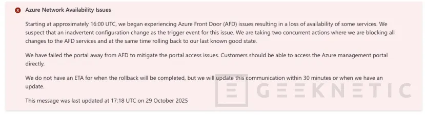 Geeknetic Azure confirme un incident global dans son portail de gestion avec des échecs d'accès et un fonctionnement intermittent dans plusieurs services 1