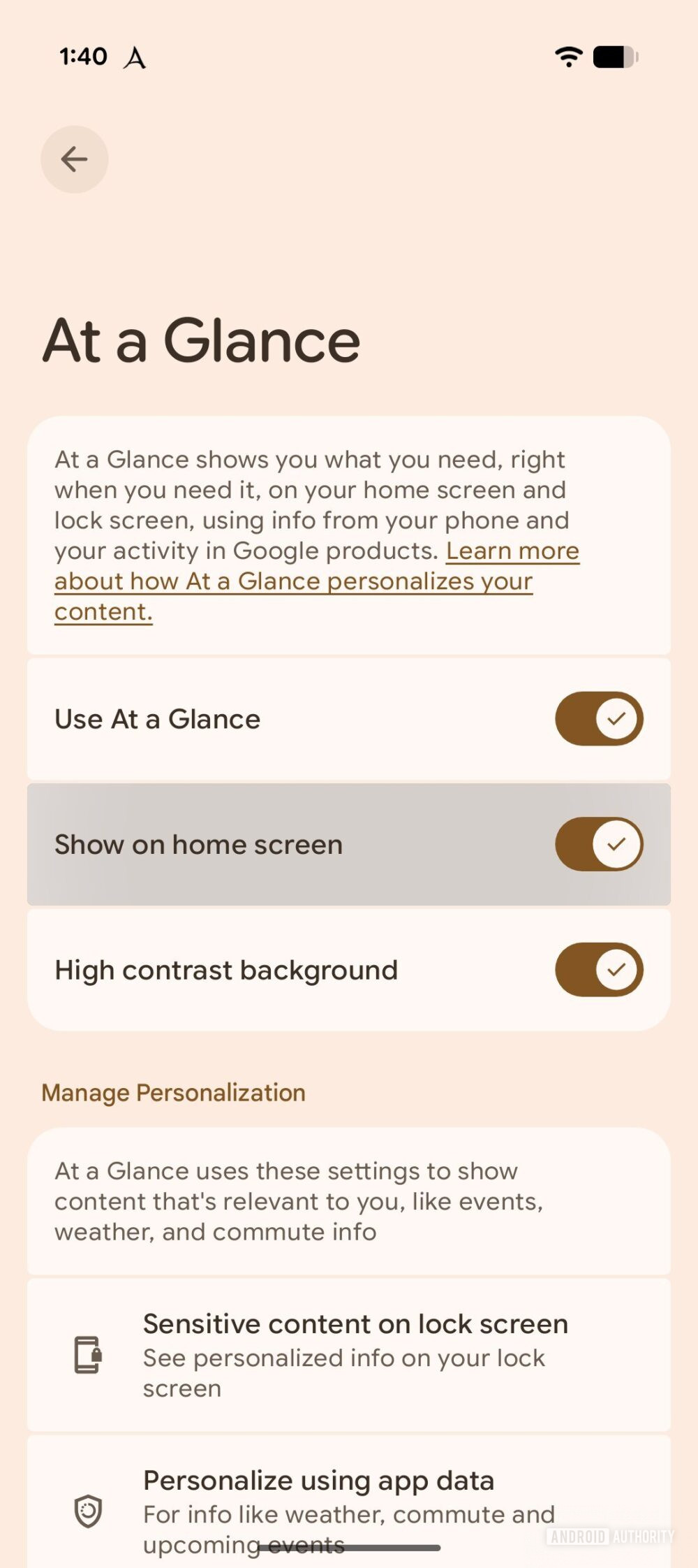 Android System Intelligence vB.17 - Paramètres du widget Résumé AA