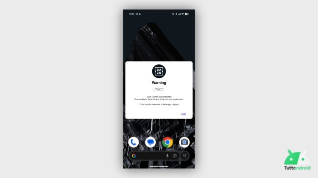 Capture d'écran du crash de l'application DAZN avec d'autres applications installées