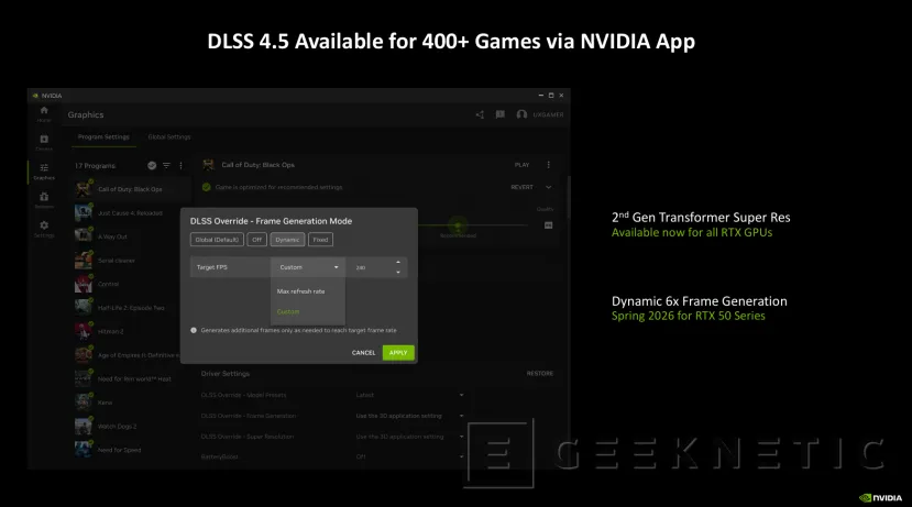 Geeknetic NVIDIA DLSS 4.5 lance le modèle Transformer de 2e génération avec Multi Frame Generation x6 pour multiplier encore les performances 6