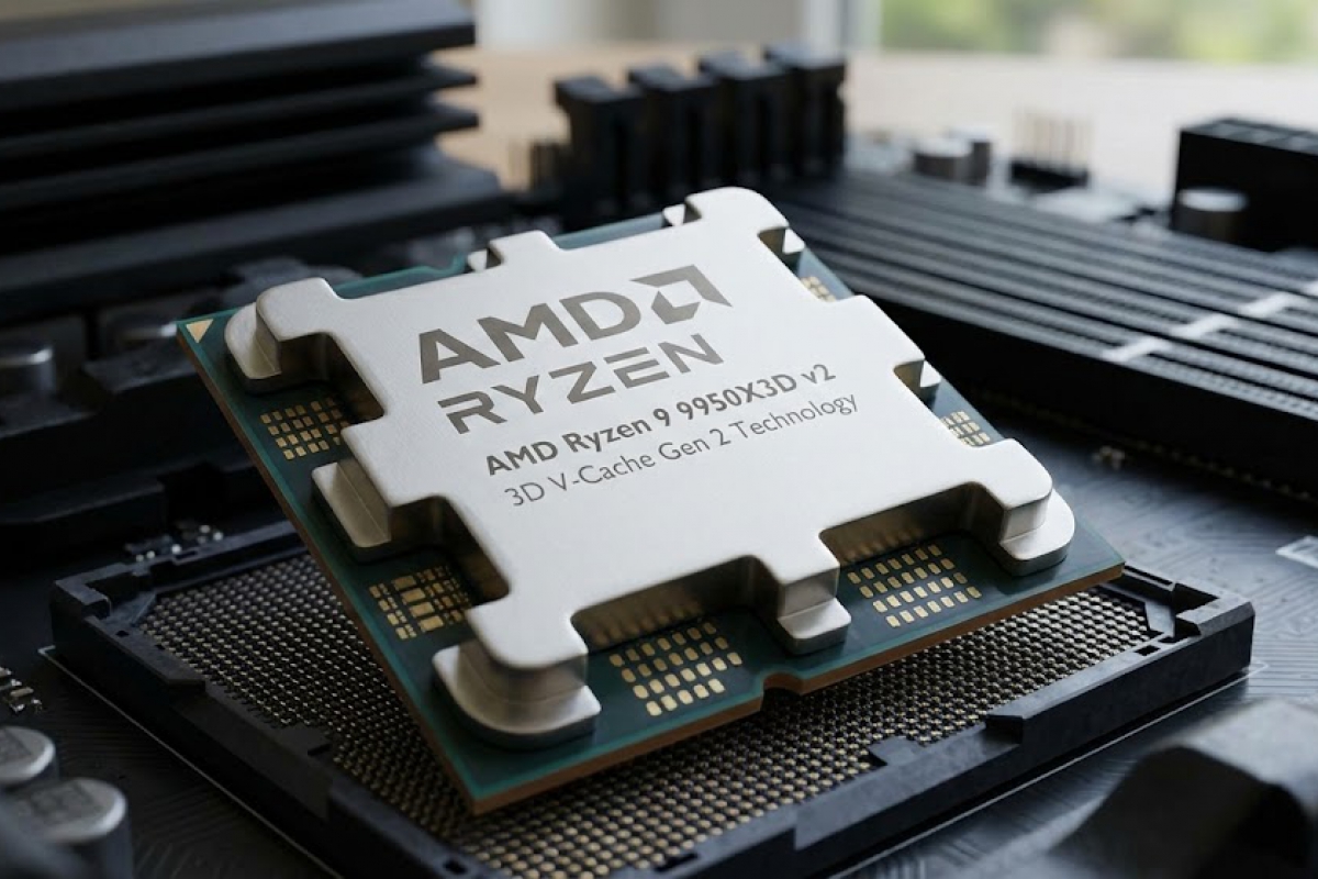 Un dossier nommé 9950X3Dv2 apparaît sur le bureau d'un ordinateur ASUS