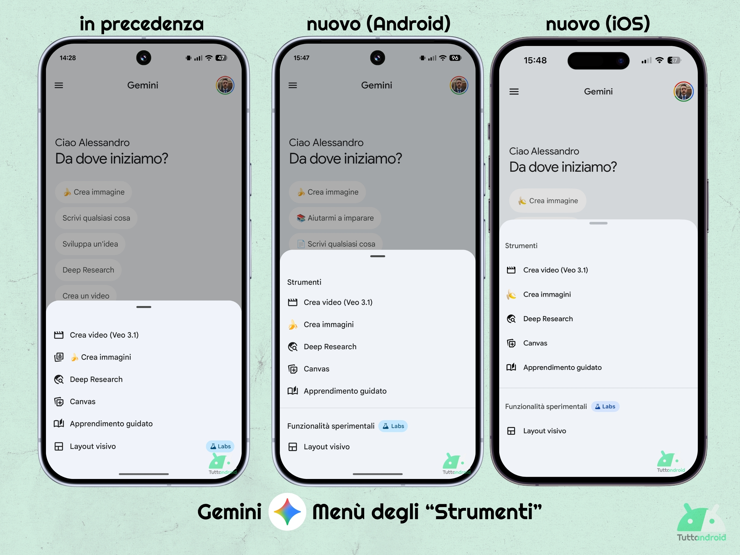 Gemini App - Menu Outils avec fonctionnalités expérimentales