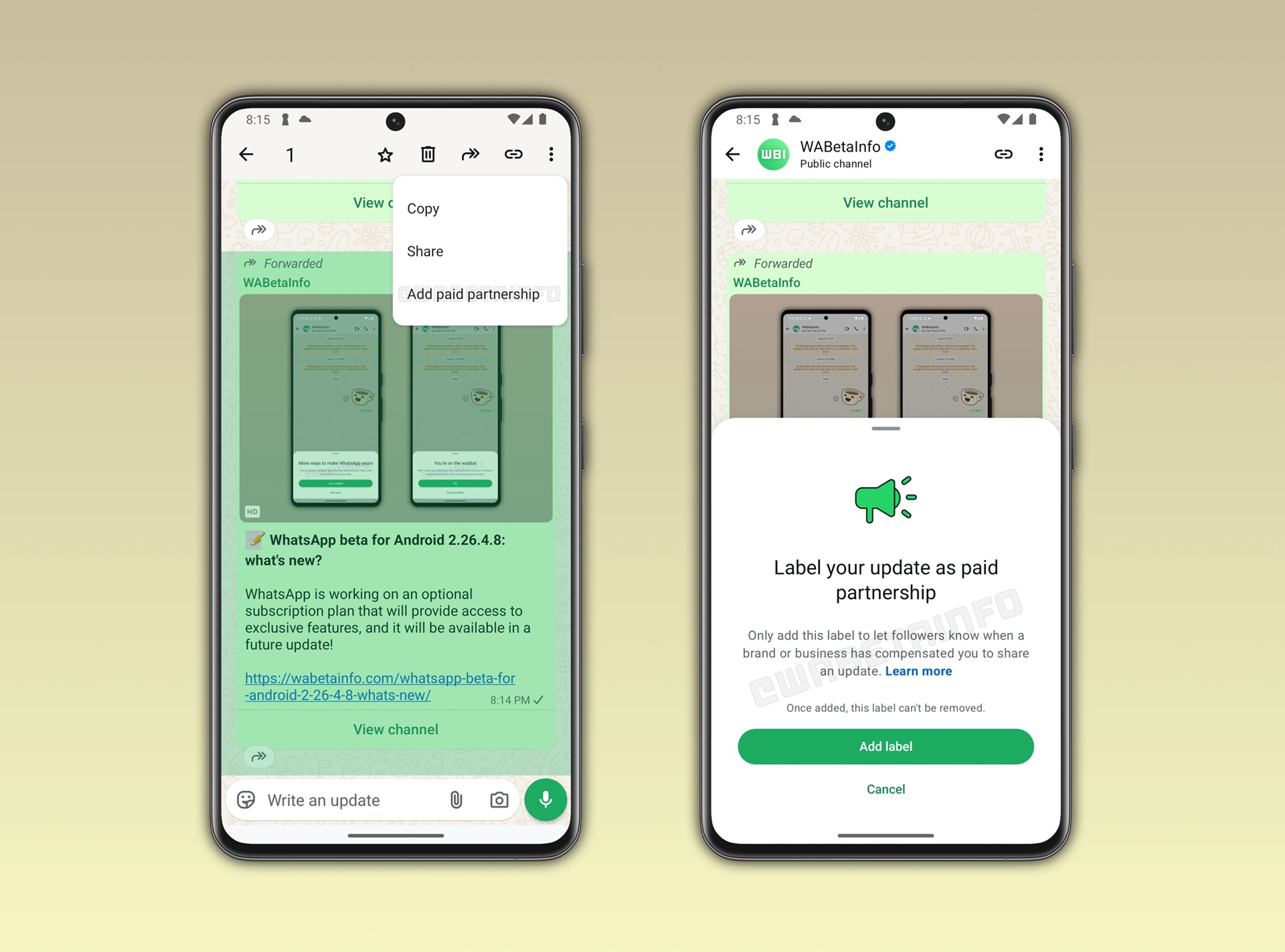 WhatsApp Beta v2.26.4.10 - Sponsorisé dans les canaux WBI