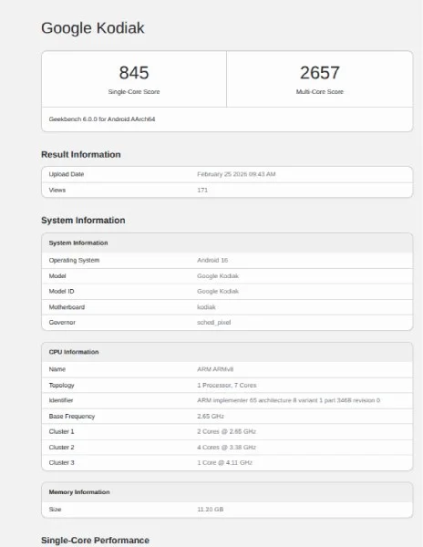 Google Kodiak Geekbench Tensor G6 