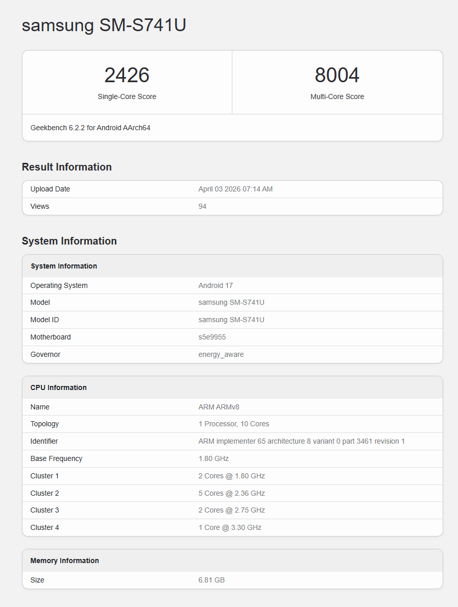 Samsung Galaxy S26 FE sur Geekbench