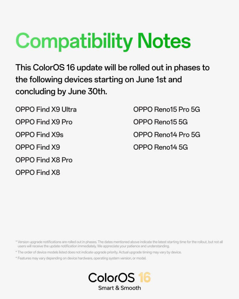OPPO ColorOS 16 - Mise à jour juin 2026 - compatibilité