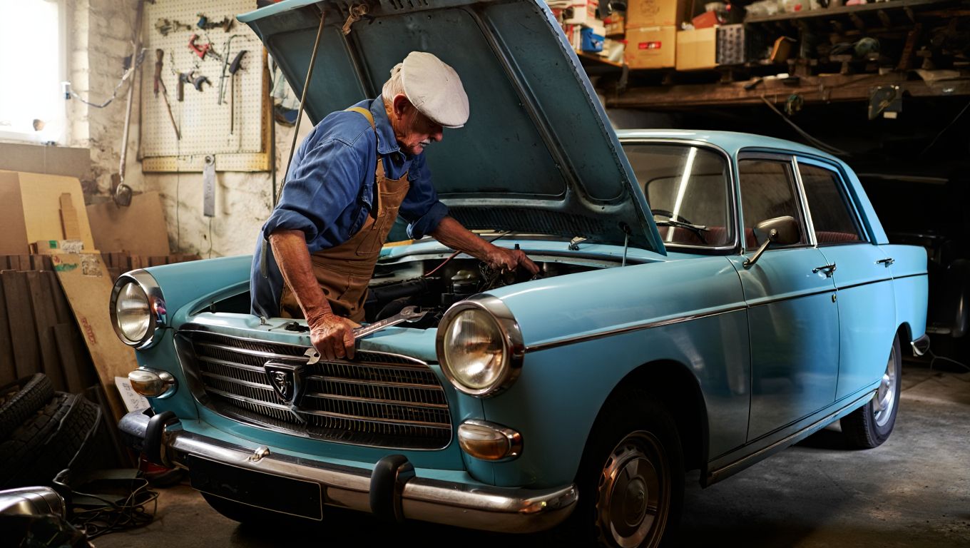 À 76 ans Gérard entretient encore lui-même la Peugeot 404 quʼil a achetée neuve il y a cinquante ans