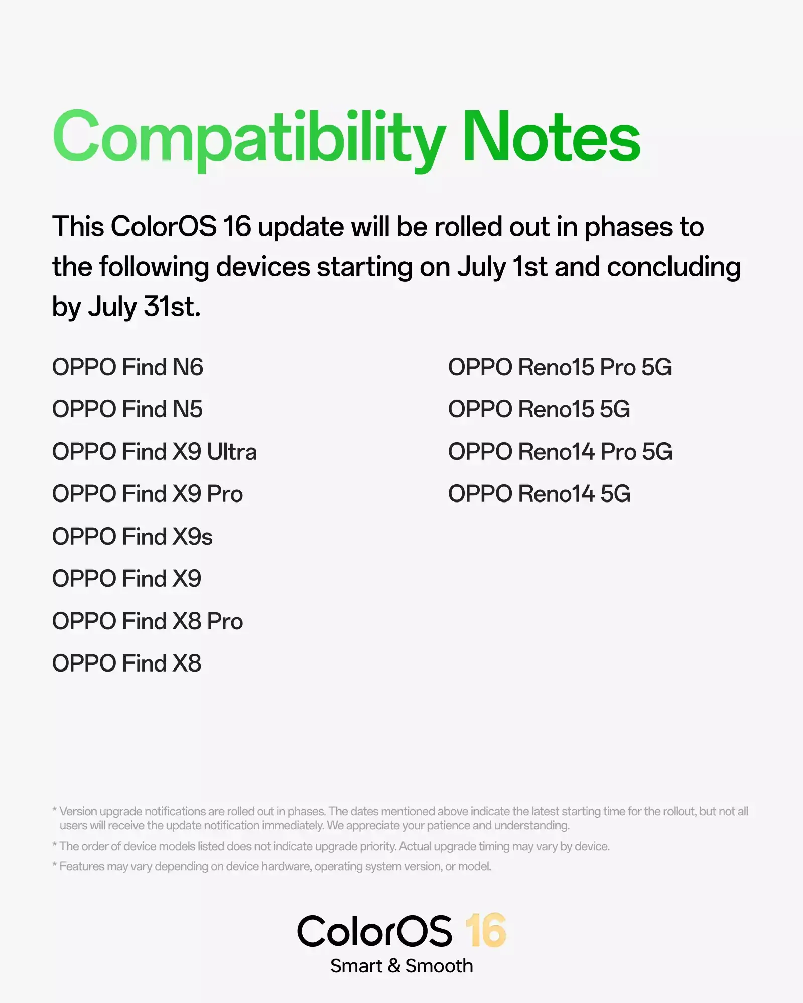 OPPO - ColorOS 16 - Mise à jour de juillet 2026 - notes de compatibilité