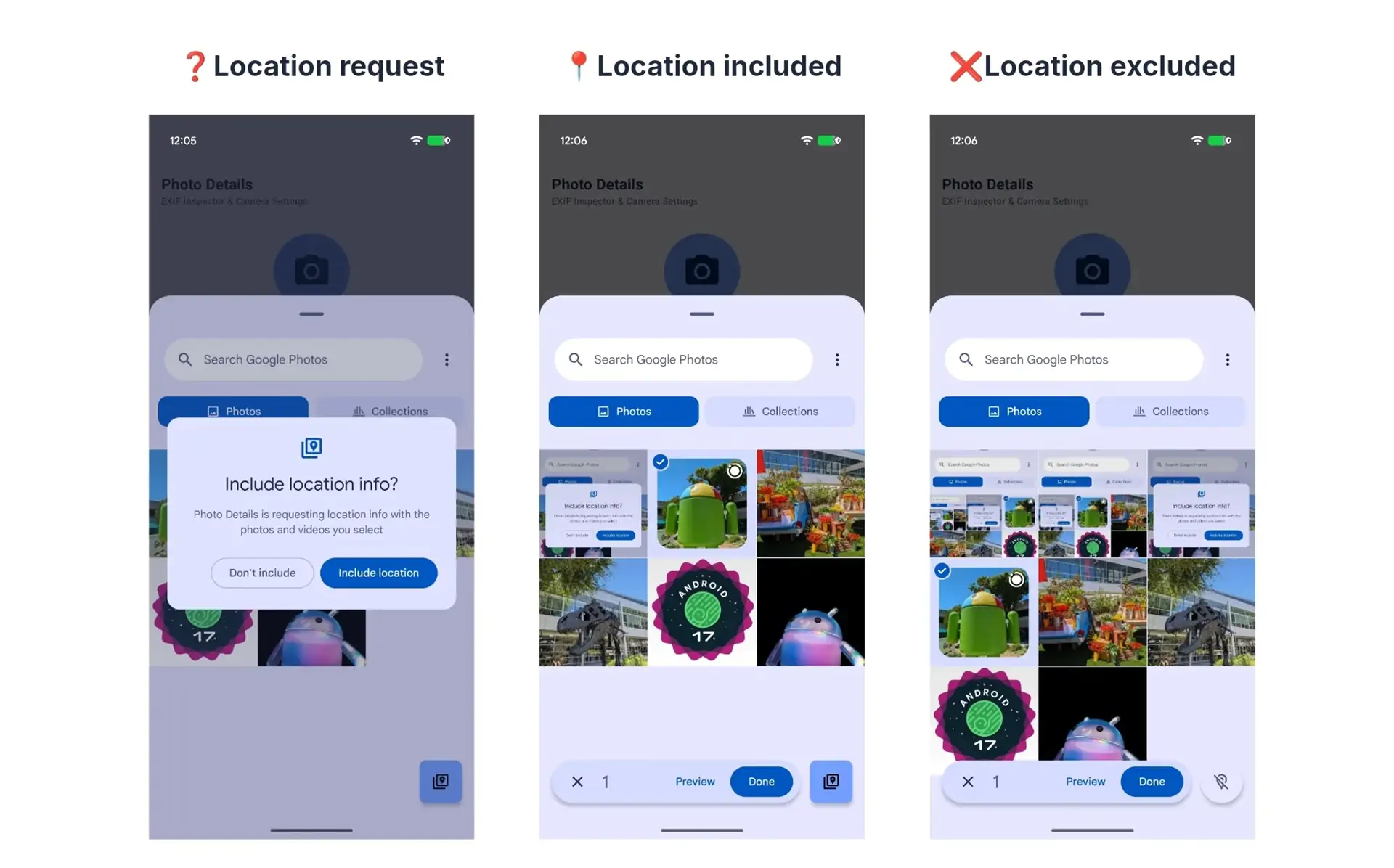 Sélecteur de photos Android - Mise à jour du système Google Play d'août 2026 - Informations de localisation