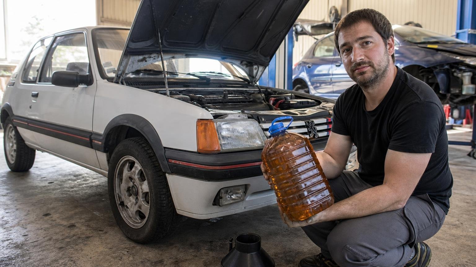 Ce garagiste de lʼArdèche a fait rouler une Peugeot 205 sur 1 200 km à lʼhuile de friture
