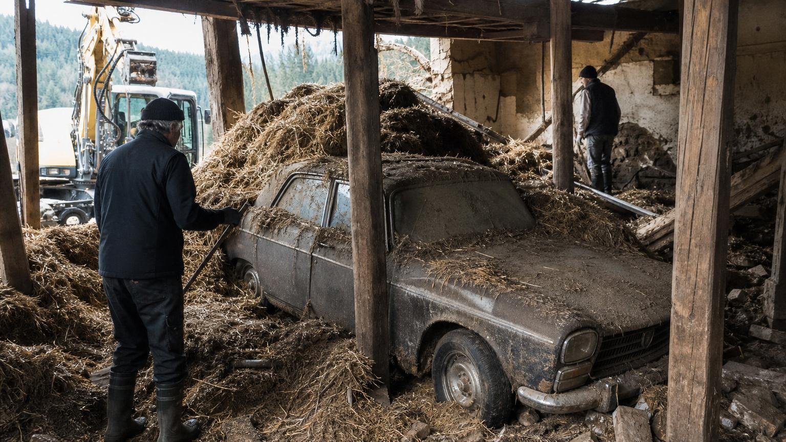 Dans les Vosges la démolition dʼune grange révèle une Peugeot 404 restée sous la paille depuis 1974